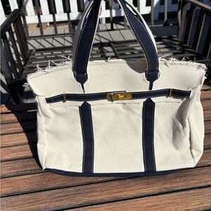 Canvas Satchel Tote in Cream with Navy Trim a.k.a. “Boatkin”